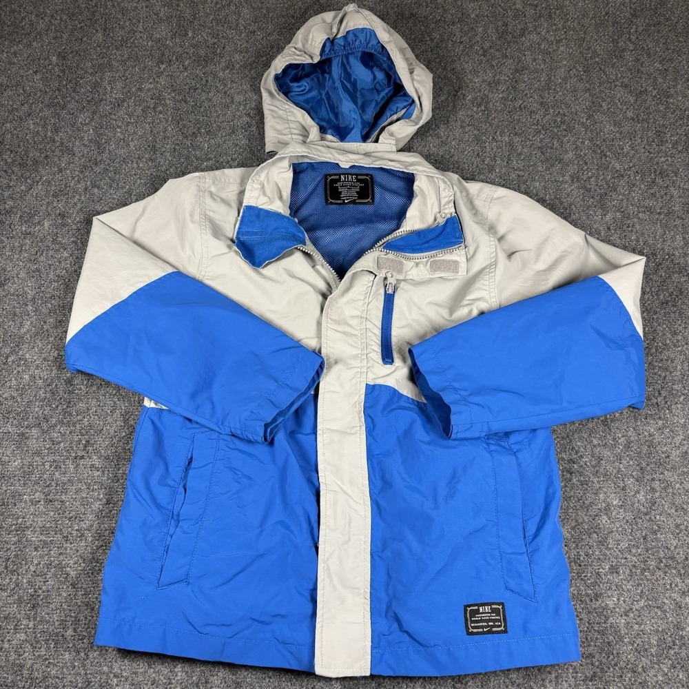 Nike Windbreaker Jacket Kids Medium 10-12 Blue Grey Colorblock Hooded Mesh Lined